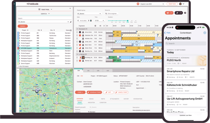Laptop and mobile phone screen displaying the Field Service management software interface of technicians' schedule and location on the map Laptop and mobile phone screen displaying the Field Service management software interface of technicians' schedule and location on the map